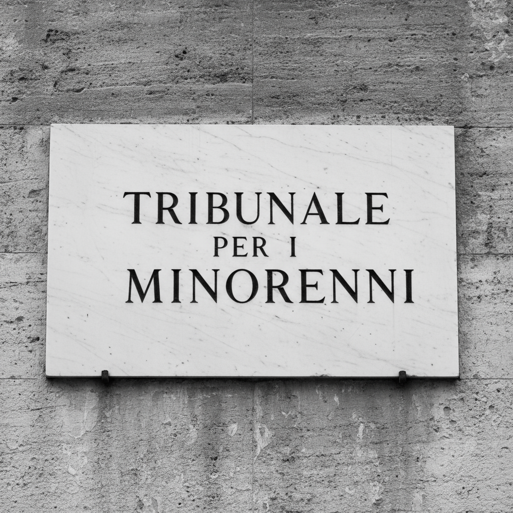 Foto in bianco e nero di un'insegna di marmo con la scritta incisa in maiuscolo: 'TRIBUNALE PER I MINORENNI', senza indicazione di località o città, la scritta deve sembrare elegante e istituzionale.