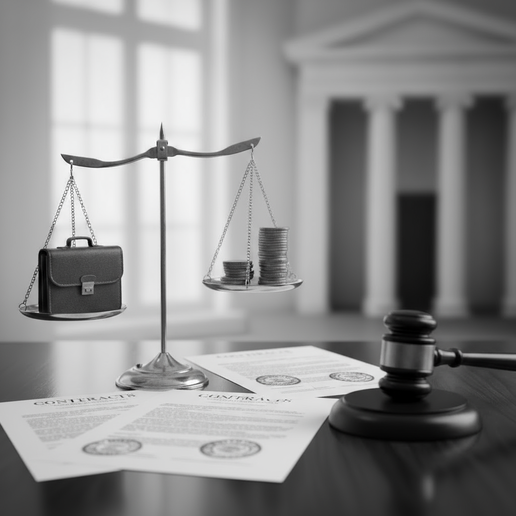 Immagine fotografica in bianco e nero (non un disegno) che evochi il servizio di preventivo e gratuito patrocinio in ambito penale, con oggetti che suggeriscano supporto economico (ad esempio monete, banconote, simboli giuridici come una bilancia, documenti e timbri legali, senza persone, senza portafoglio vuoto). L'immagine deve comunicare aiuto concreto ai bisogni economici in ambito legale.