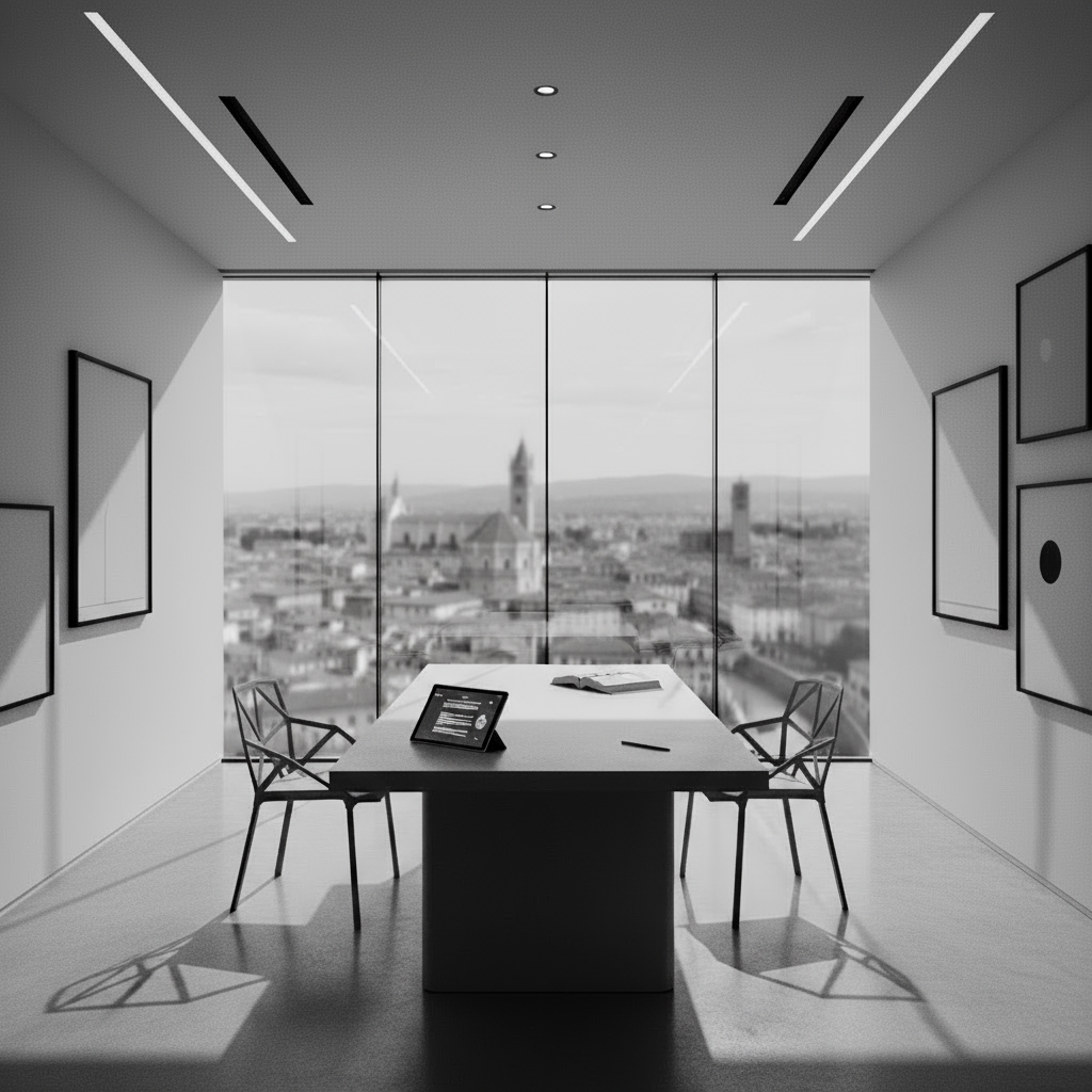 modifica la foto mantenendola in bianco e nero, con la città di Parma, Italia sfocata come sfondo dietro la vetrata